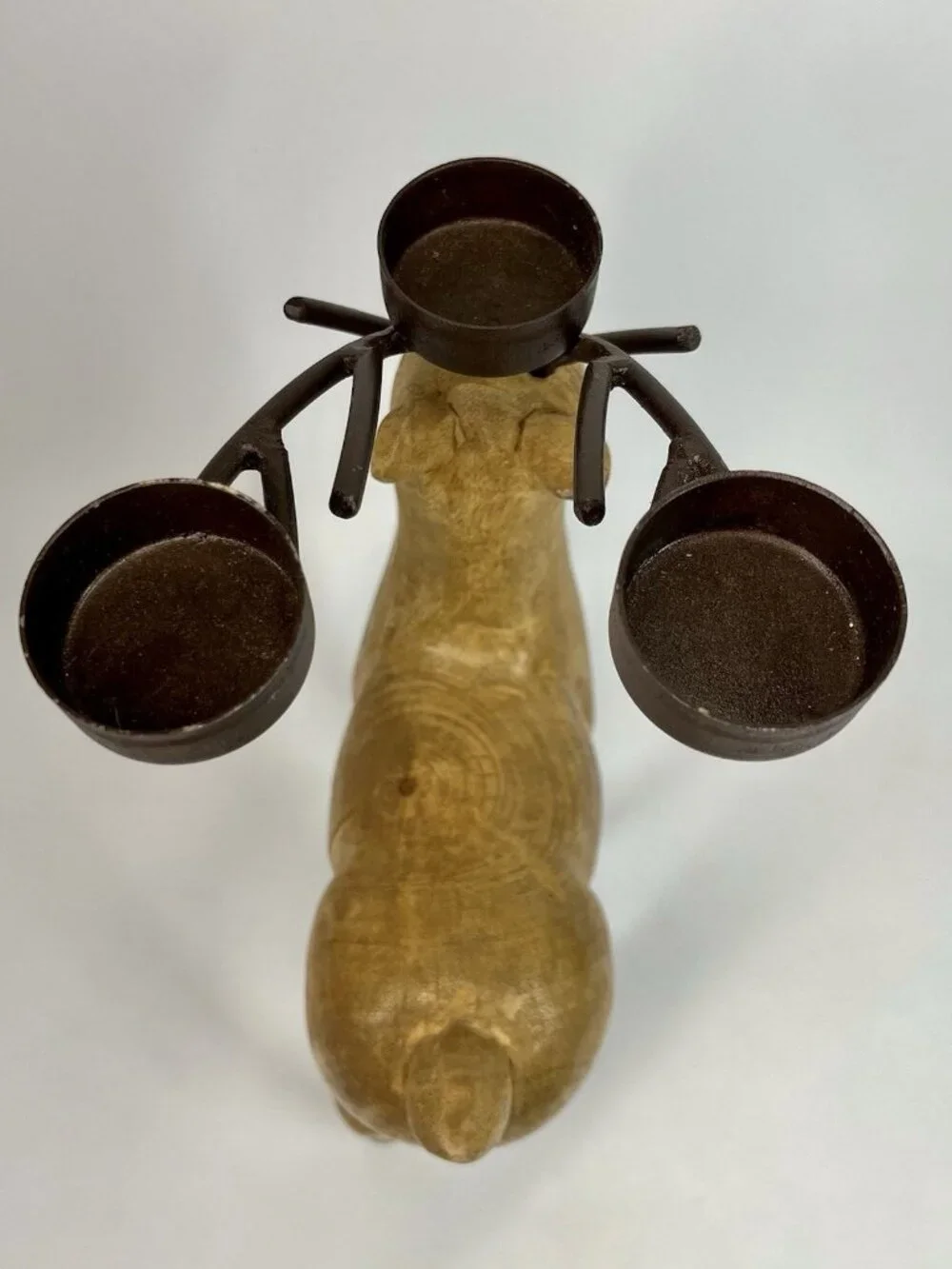 Rustic Carved Wood Reindeer Metal Antlers 3 Tealight Candle Holder Holiday